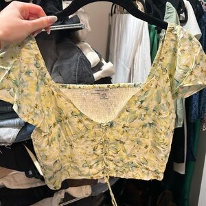 American Rag Green and Yellow Puff Sleeve Crop Blouse